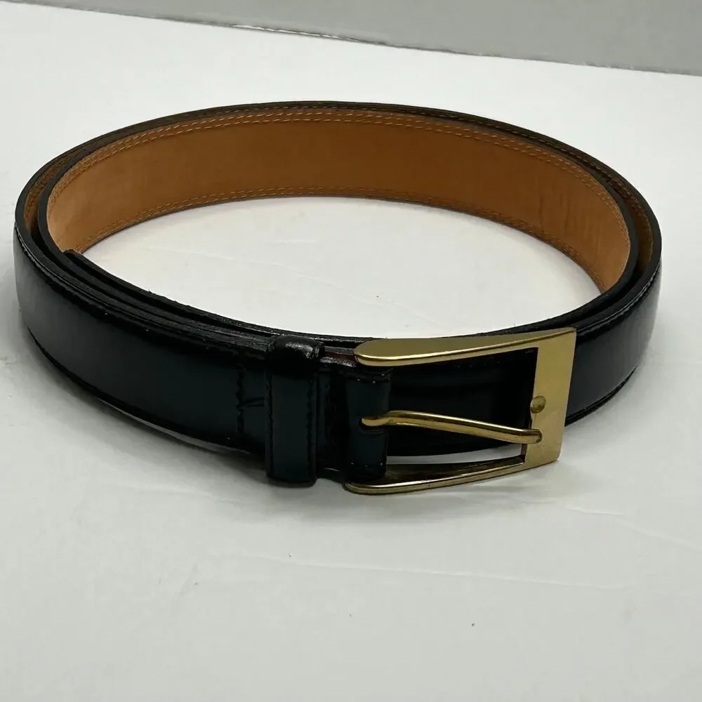 Men's Black Leather Dress Belt‎ Brass Buckle Italy 43.75